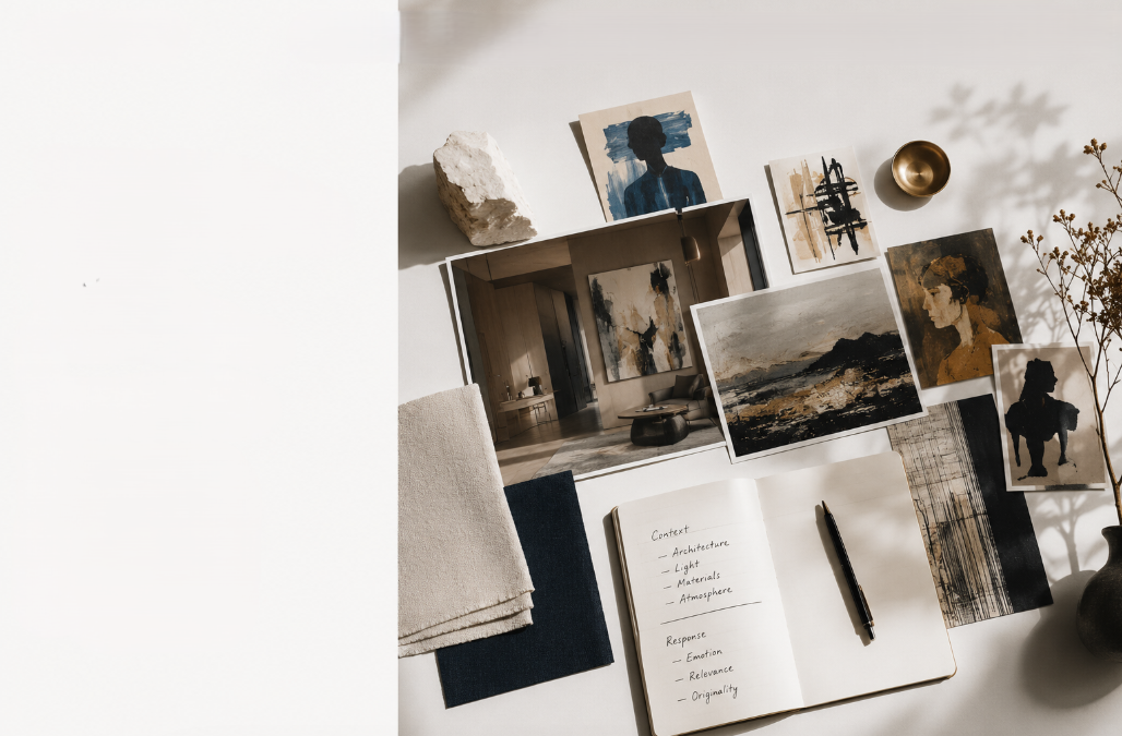 Flat-lay moodboard of paintings, fabric swatches, and a curator's notebook