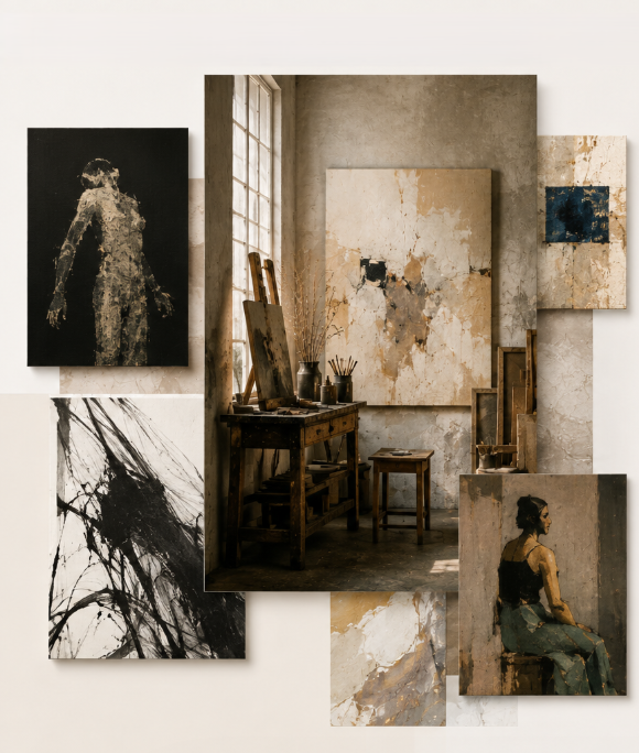 Collage of an artist's studio, works in progress, and paintings from the Rasa collective