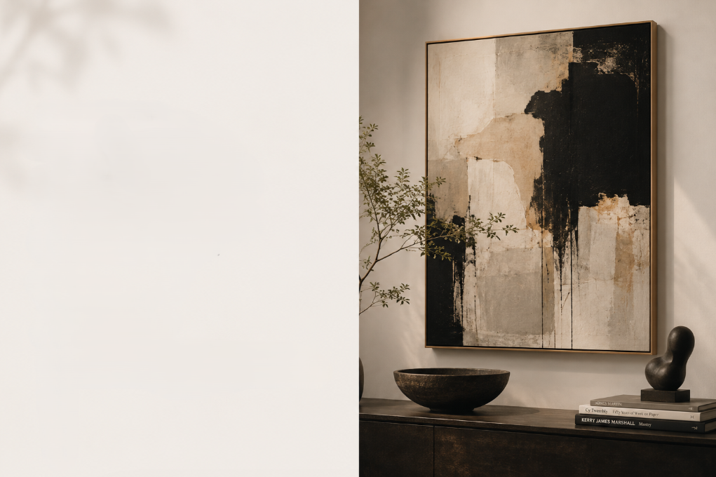 Sunlit interior with a large abstract painting above a dark wood console