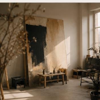 Painter's studio with a large abstract canvas in warm afternoon light
