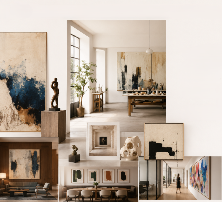 Collage of artist studios, sculptures, and paintings from the Rasa collective